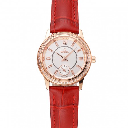 Omega De Ville Prestige Small Seconds quadrante bianco lunetta con diamanti Cassa in oro rosa Cinturino in pelle rossa