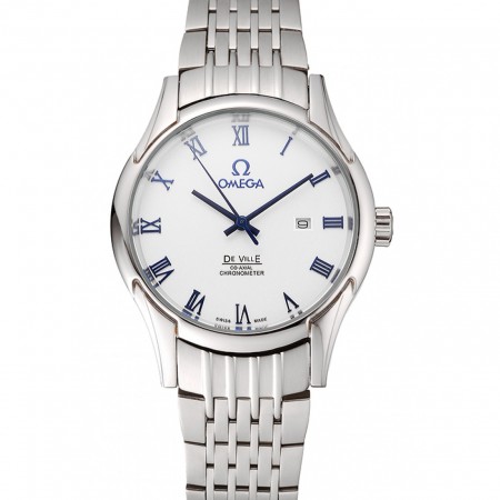 Omega De Ville quadrante bianco con numeri blu cassa e bracciale in acciaio inossidabile 1453787