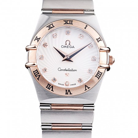 Omega Swiss Constellation Jewelry Cassa in oro rosa con piccolo emblema radiale quadrante bianco
