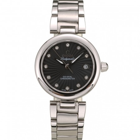 Quadrante nero con cinturino in acciaio inossidabile Omega DeVille Ladymatic