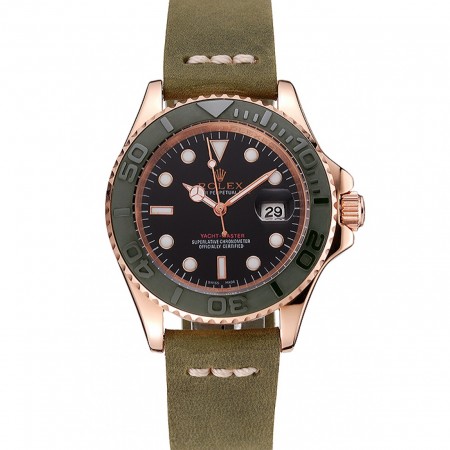 Rolex Yacht Master quadrante nero cinturino in pelle verde lunetta verde cassa in oro rosa 1453862