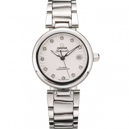 Quadrante bianco con cinturino in acciaio inossidabile Omega DeVille Ladymatic