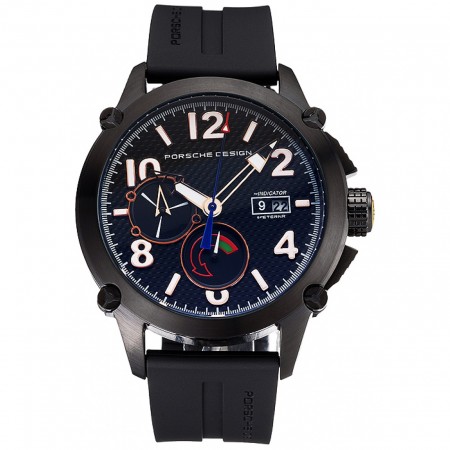 Indicatore Porsche Design Quadrante nero Numeri dorati Cassa in PVD nero Cinturino in caucciù nero