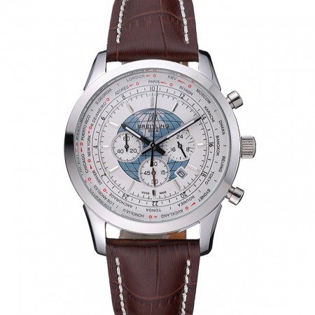Breitling Transocean Chronograph Unitime Quadrante Bianco Cassa in Acciaio Inossidabile Bracciale in Pelle Marrone-622244