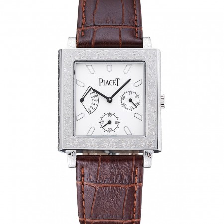 Piaget Emperador Limited Edition quadrante bianco inciso cassa d'argento Bracciale in pelle marrone 1454138
