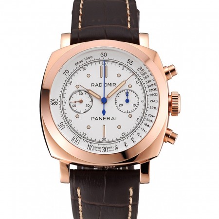 Swiss Panerai Radiomir 1940 cronografo quadrante bianco cassa in oro rosa cinturino in pelle marrone