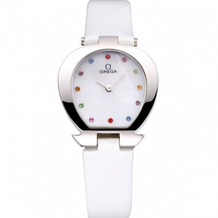 Omega orologio da donna quadrante bianco con gioielli cassa in acciaio inossidabile cinturino in pelle bianca 622817