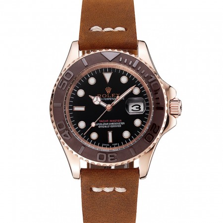 Rolex Yacht Master quadrante nero lunetta marrone cassa in oro rosa bracciale in pelle marrone 1453860