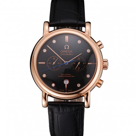 Omega Seamaster Cronografo vintage quadrante nero Diamond Hour Marks Cassa in oro rosa Cinturino in pelle nera