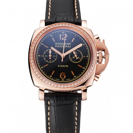Panerai Radiomir 8 giorni cronografo quadrante nero con diamanti lunetta cassa in oro rosa cinturino in pelle nera 1453798