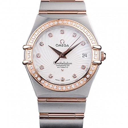Omega Swiss Constellation Jewelry Diamond Case Radial Emblem quadrante bianco