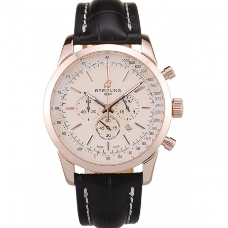Breitling Transocean Quadrante Bianco Cinturino in Pelle Nera Lunetta in Oro Rosa-98206