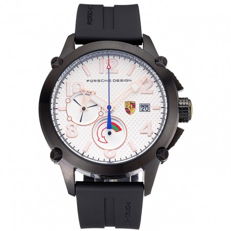 Indicatore Porsche Design quadrante bianco cassa nera cinturino in caucciù nero