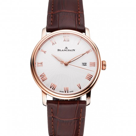 Blancpain Villeret ultra sottile quadrante bianco scanalato numeri in oro cassa in oro rosa cinturino in pelle marrone