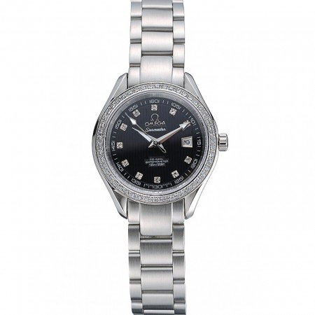 Omega Seamaster Aqua Terra quadrante nero con cassa in diamanti Bracciale in acciaio inossidabile 622449