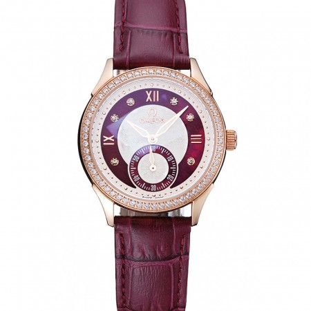 Omega DeVille Prestige quadrante rosso scuro cassa in oro con diamanti Bracciale in pelle rosso scuro 1454125
