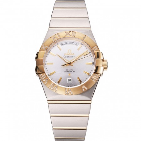 Swiss Omega Constellation quadrante bianco Cassa in acciaio inossidabile Lunetta in oro Bracciale bicolore