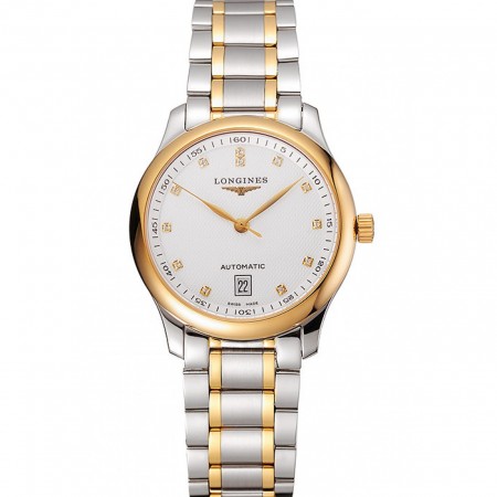 Swiss Longines Master quadrante bianco con diamanti, indici delle ore, bracciale in acciaio inossidabile bicolore 1453930