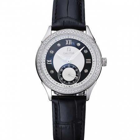 Omega DeVille Prestige quadrante nero cassa di diamanti argento cinturino in pelle nera 1454120