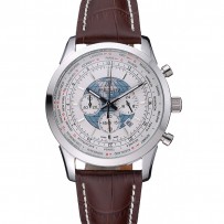 Breitling Transocean Chronograph Unitime Quadrante Bianco Cassa in Acciaio Inossidabile Bracciale in Pelle Marrone-622244