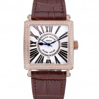 Franck Muller Master Square Diamond Encrusted Rose Gold Bezel Brown Croco Bracelet 80283