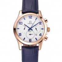 Omega cronografo quadrante bianco cassa in oro rosa cinturino in pelle blu