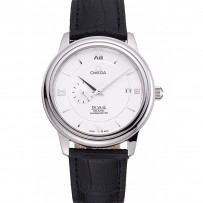 Omega De Ville Prstige Co-Axial quadrante bianco cassa argento cinturino in pelle nera numeri romani